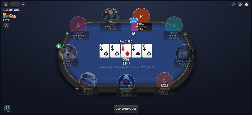 Игровой стол 1WIN Poker — фирменное оформление с красно-синей цветовой схемой