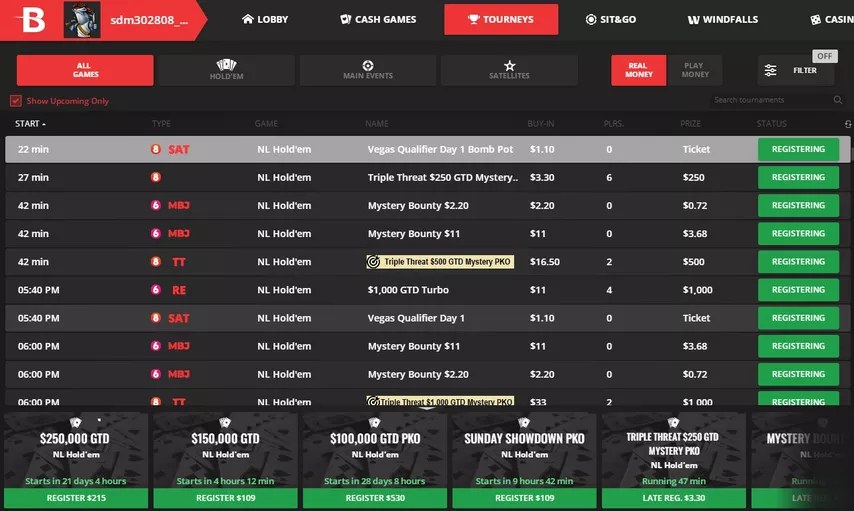 Турнирное лобби: Sunday Major, BetOnline Online Series и Windfall SnG