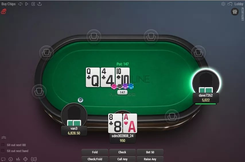 Игровой стол BetOnline с тикером Bad Beat Jackpot вверху