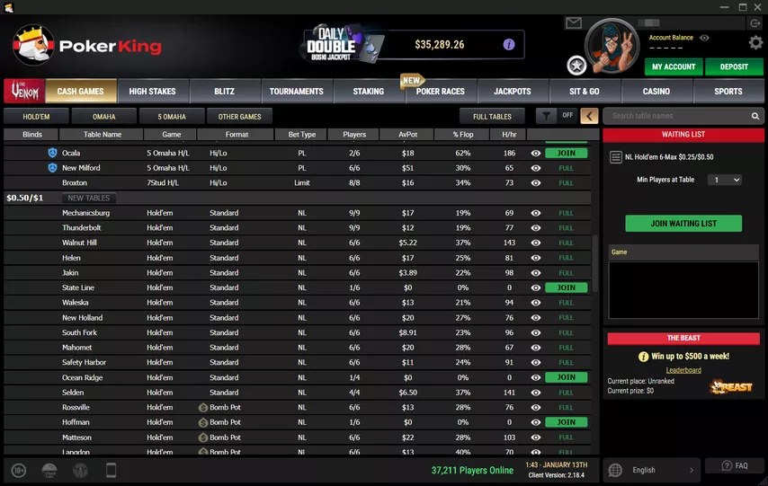 Лобби кэш-столов PokerKing — NLH 6-max и 9-max от NL5 до NL200