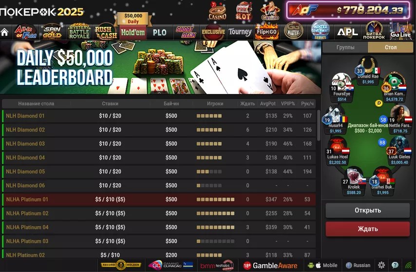Лобби кэш-столов ПокерОК — холдем 6-max от NL10 до NL400+