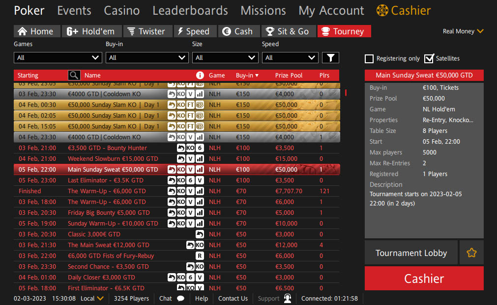 Турнирная сетка: бай-ины от €0.5 до €150 с гарантиями до €50 000