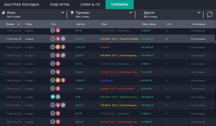 Турнирное лобби: ежедневные MTT и сателлиты на live-серию RPT
