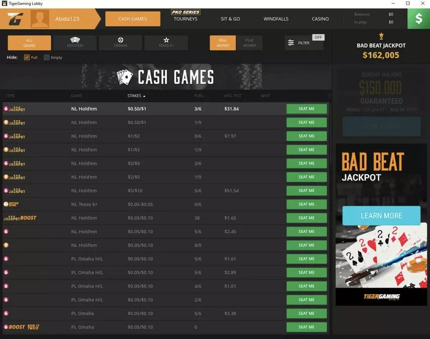 Лобби кэш-столов TigerGaming — холдем 6-max и 9-max от NL10 до NL200