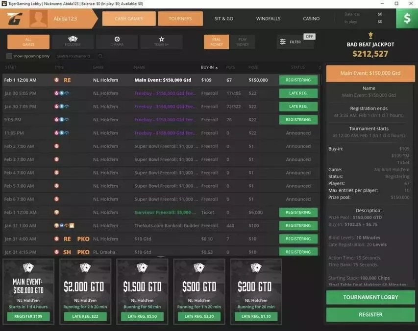 Турнирное лобби: Sunday Major, Daily Guarantee и Windfall Jackpot SnG